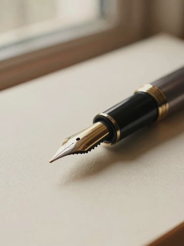 Macro detail of a vintage fountain pen resting on heavy, textured cream paper, soft side lighting from a library window, warm tones, 35mm.
