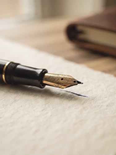 Macro close-up of a classic fountain pen nib resting on heavy textured cream paper, soft indirect window light, shallow depth of field