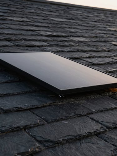 Tight architectural crop of a matte-black solar panel edge sitting perfectly flush with dark slate roof tiles, golden-hour light catching the clean seam, minimalist composition
