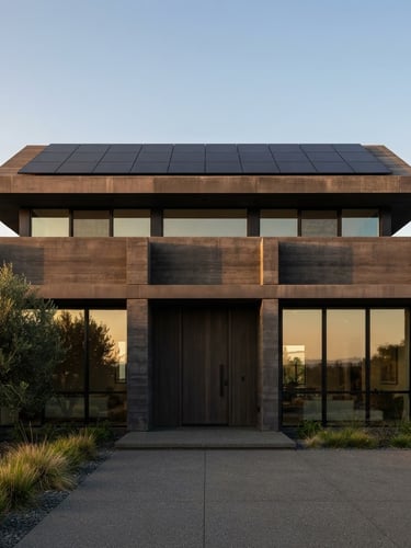 Graphic straight-on architectural elevation of a modern dark concrete home at golden hour, matte-black solar panels integrated seamlessly into the flat roofline.