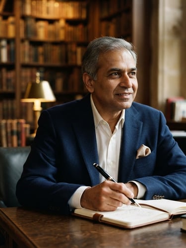 Editorial portrait of Sachin Shrivastava, 50s, confident and authoritative, in a refined study setting, warm academic library lighting, shallow depth of field, looking slightly off-camera right, fountain pen in hand.