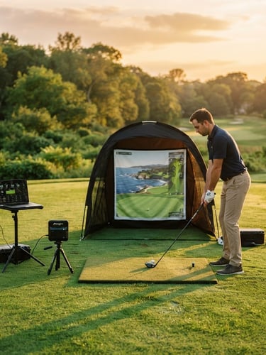 Premium mobile golf simulator setup on a manicured lawn during golden hour, high-end tracking monitors visible, warm lighting, 35mm photography