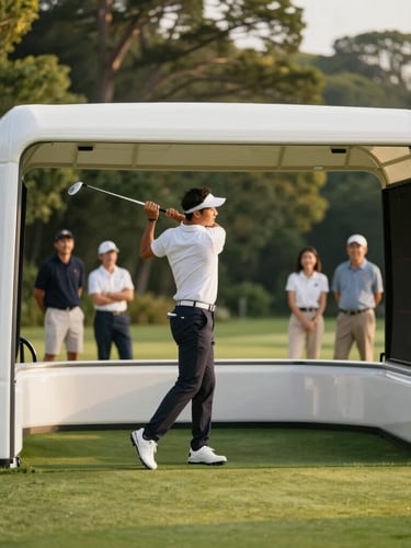 A guest swinging a golf club inside a luxury mobile golf simulator setup, crisp afternoon light, smiling onlookers, premium turf, shallow depth of field
