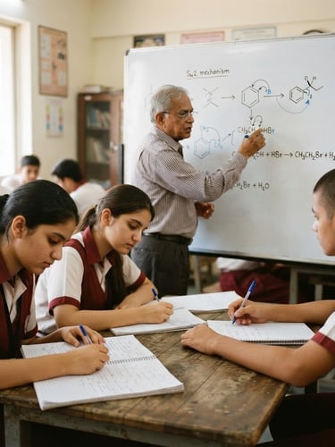 A high-focus 35mm photograph of a senior Indian teacher explaining organic chemistry equations on a clean white board, three focused high school students taking notes in the foreground, bright natural daylight, soft focus background.