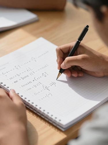 Over-the-shoulder view of a student's hand solving complex physics equations in a clean, grid-lined study notebook, bright natural afternoon light streaming across the wooden desk, 35mm.