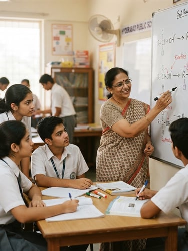 A bright, natural daylight classroom setting in Hyderabad, a senior Indian teacher explaining a complex organic chemistry mechanism on a whiteboard to a small, focused group of five high school students, 35mm warm editorial photography.