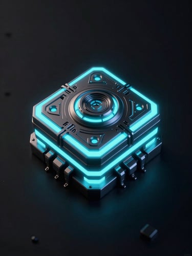 Cinematic 3D render of a glowing neon-cyan cybernetic node, high-contrast studio lighting, deep obsidian background, ultra-detailed macro lens