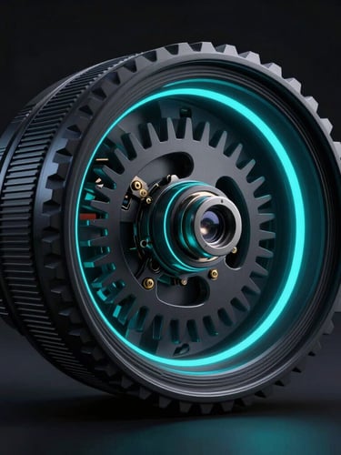 cinematic 3D render, dramatic high-contrast studio lighting, deep obsidian and neon tones, ultra-detailed macro lens of a mechanical gear with glowing cyan accents