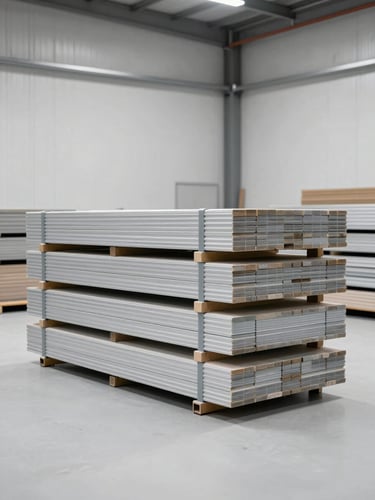 Industrial warehouse interior with stacked heavy-duty materials, bright neutral studio lighting, sharp focus, 50mm lens