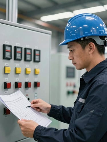 Medium-close up of an engineer in a hardhat reviewing blueprints next to a clean industrial alarm control panel, natural warehouse lighting, professional photography.