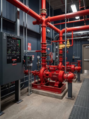 Industrial fire pump room with red piping and certified control panels, professional lighting, sharp focus, 35mm