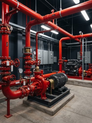 Industrial fire pump room with clean red piping and certified valves, professional lighting, crisp focus, architectural framing