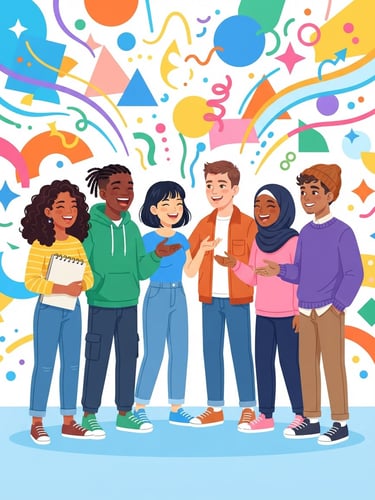 Bright flat vector illustration of diverse teenagers standing together, chatting and laughing, surrounded by friendly geometric shapes and colorful abstract lines representing ideas, high-key vibrant color palette, modern graphic style.