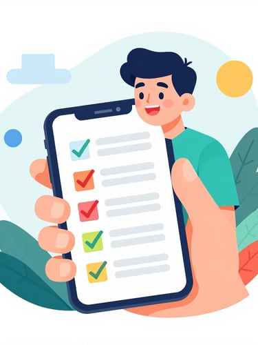 Vibrant flat vector illustration of a cheerful teenager holding a smartphone showing a quiz screen with colorful checkmarks, clean graphic style