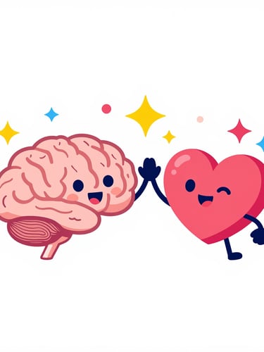 Bright flat vector illustration of a friendly stylized brain and heart high-fiving, surrounded by colorful stars and sparkles, clean geometric shapes, vibrant cheerful color palette, modern graphic style
