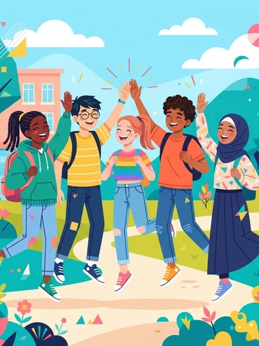 Bright flat vector illustration of friendly inclusive teenagers high-fiving, vibrant cheerful color palette, clean geometric shapes, modern graphic style