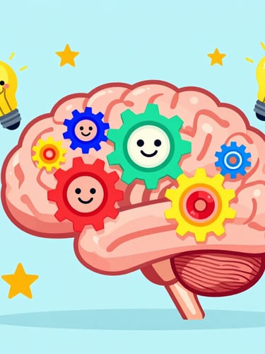 Bright flat vector illustration of a stylized human brain with colorful glowing gears, lightbulbs, and friendly stars floating around it, representing curiosity, learning, and mental clarity, vibrant cheerful color palette.