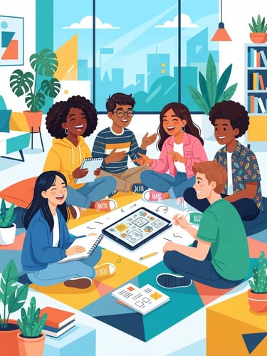 Bright flat vector illustration of diverse teenagers sitting together in a circle, laughing and sharing ideas, clean geometric shapes, vibrant cheerful color palette, modern graphic style
