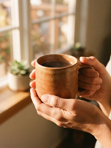 Hands holding a warm terracotta stoneware mug, bright golden-hour window light casting soft shadows, tactile glaze texture, 35mm lens