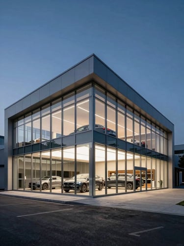 Wide angle architectural shot of a modern glass automotive dealership at dusk, sharp cool lighting, clean steel lines, dark negative space.
