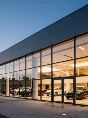 Wide angle architectural shot of a modern automotive dealership at dusk, cool blue slate steel and clean glass facade, dramatic amber interior illumination, negative space to the left.