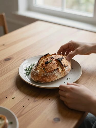 Overhead flat-lay of a Scandinavian-style wooden dining table, soft natural window light, hands arranging a ceramic plate of fresh sourdough bread and herbs, cozy editorial food photography, 35mm