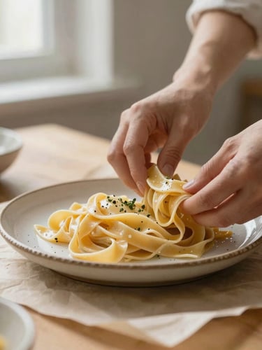 Hands arranging a rustic ceramic plate of fresh pasta on a parchment-covered table, soft side-lighting, warm editorial style, shallow depth of field.
