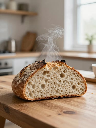 A vertical close-up of a rustic sourdough loaf sliced open on a wooden table, soft natural side-light highlighting the steam rising, Scandinavian kitchen background.