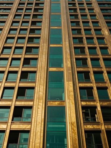 Low-angle architectural photography of a towering luxury residential facade, strong Art Deco geometric lines, rich brass accents reflecting golden hour sunlight against deep emerald glass, high-contrast 35mm.