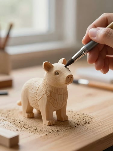 A macro close-up of a custom 3D printed animal figurine being hand-painted with a fine brush, soft workshop light, warm sand and wood tones, shallow depth of field.