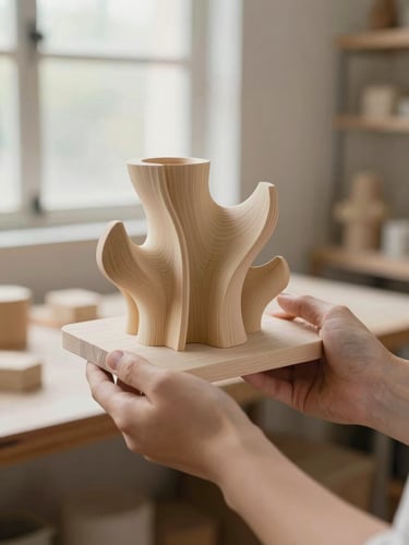 Warm editorial photography of hands holding a beautifully finished 3D printed organic sculpture, soft natural workshop window light, tactile wood and sand tones, shallow depth of field, 35mm