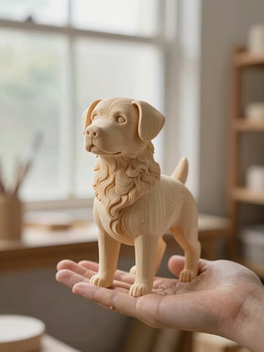 A hand holding a beautifully finished 3D printed dog sculpture, showcasing subtle layer textures, soft natural side-light from a workshop window.