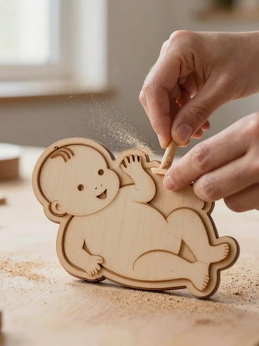 Hands of an artisan gently sanding the edges of a laser-cut wooden baby birth plaque, fine wood dust in the air, warm workshop lighting