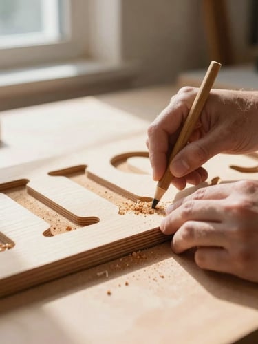 Close-up of hands hand-sanding a custom laser-cut wooden sign on a sunlit workshop table, soft natural side-light, wood shavings visible, shallow depth of field, warm tones