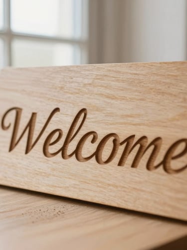 Macro close-up of a beautifully engraved wooden wedding welcome sign, warm natural workshop window light, soft sand tones, shallow depth of field, 35mm