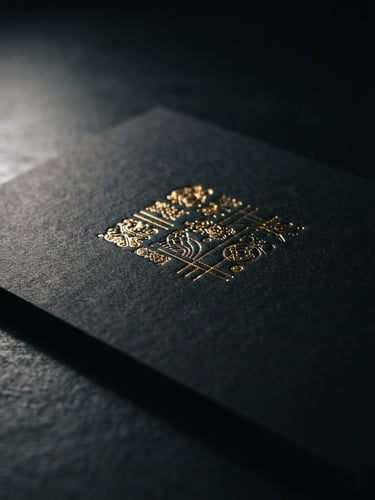 Moody luxury product photography of a matte black booklet with gold foil lettering catching low-key side-lighting, macro lens, high-contrast texture.