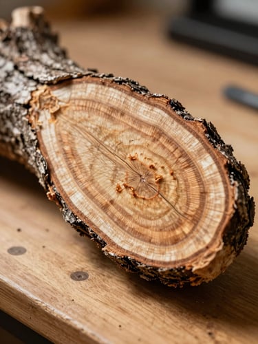Portrait close-up of a Varuna branch cross-section on a wooden workbench, north-facing daylight illuminating the cambium layers and bark grain with botanical precision, no hands, no styling
