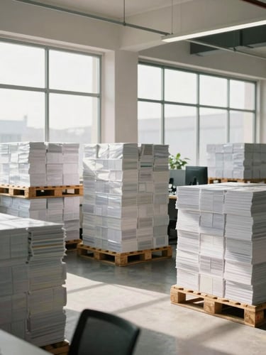 A professional, brightly lit warehouse office with large windows showing organized pallets of paper products, soft natural daylight, clean and secure atmosphere