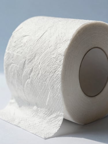 A close-up shot of a pristine, white double-ply toilet paper roll showing the delicate embossed pattern, bright natural daylight, clean sky blue background