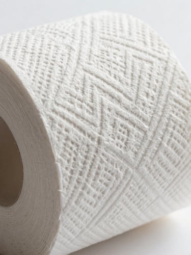 Macro shot of embossed toilet paper texture showing delicate geometric patterns, high-key white background, soft natural lighting, focus on tactile paper fibers
