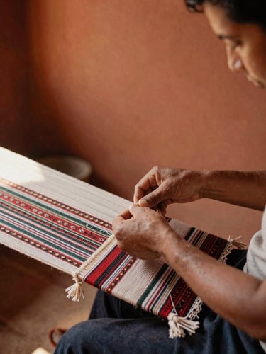 A close-up of a local artisan showing a traveler how to weave traditional textiles in a sunlit workshop, terracotta warm tones.