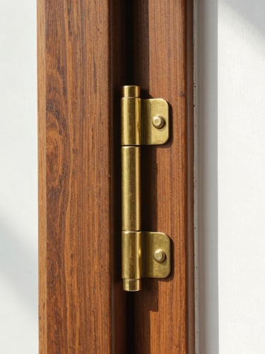 Macro detail of a heavy brass hinge perfectly aligned on a dark timber door frame, bright natural daylight, architectural photography