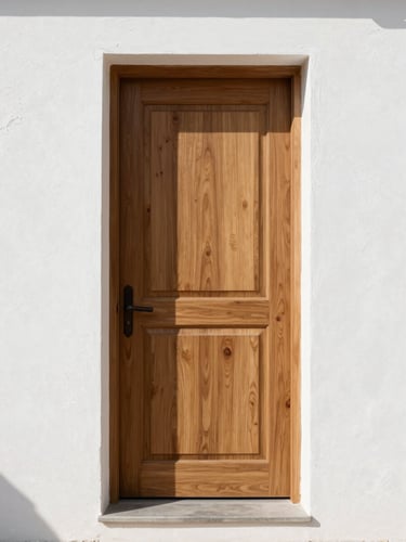 Straight-on architectural shot of a heavy oak front door set in a clean white stucco wall, bright natural daylight, sharp focus