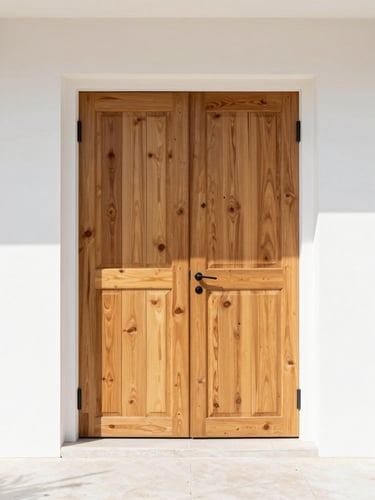Straight-on architectural shot of a massive white oak pivot door, bright natural daylight, clean white walls, warm wood textures, 35mm