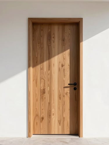 Straight-on architectural shot of a modern solid-wood entry door with clean lines, bright natural daylight casting soft shadows, warm timber grain texture, 35mm