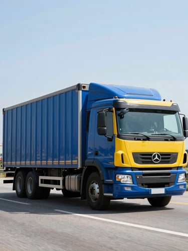 Portrait shot of a modern, clean cargo truck driving on a highway, seen from a low angle, with the port of Manzanillo in the background, bright daylight, industrial blue and yellow tones.