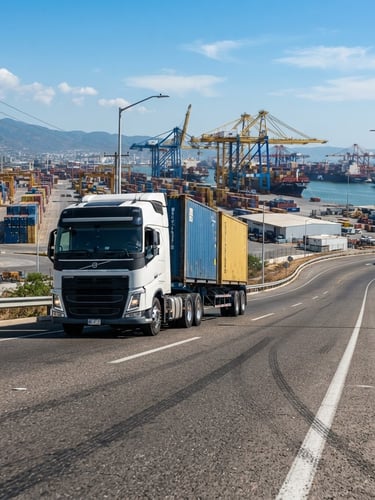 Wide panoramic view of a modern cargo truck driving on a highway, leaving the port of Manzanillo in the background, bright daylight, dynamic low-angle shot, industrial blue and yellow tones, sharp focus.