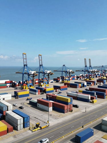 Aerial view of a modern port in Manzanillo with organized shipping containers, clear daylight, wide-angle shot, industrial blue and yellow tones, low horizon, expansive sky.