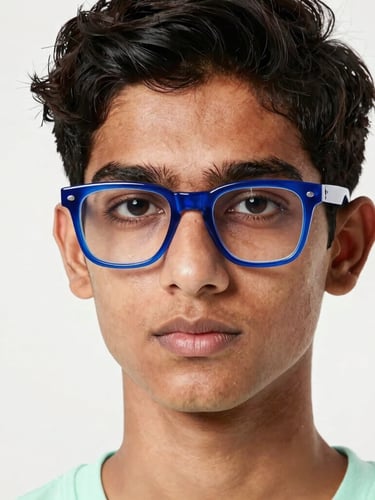 Crisp studio portrait of a young Indian model wearing thick electric blue acetate eyewear, looking directly at the camera, high-key lighting, subtle mint shadows, sharp focus