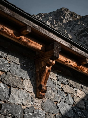 Extreme close-up of interlocking timber joinery and hand-cut slate masonry, low-angle dramatic mountain sunlight casting deep shadows on raw textures.